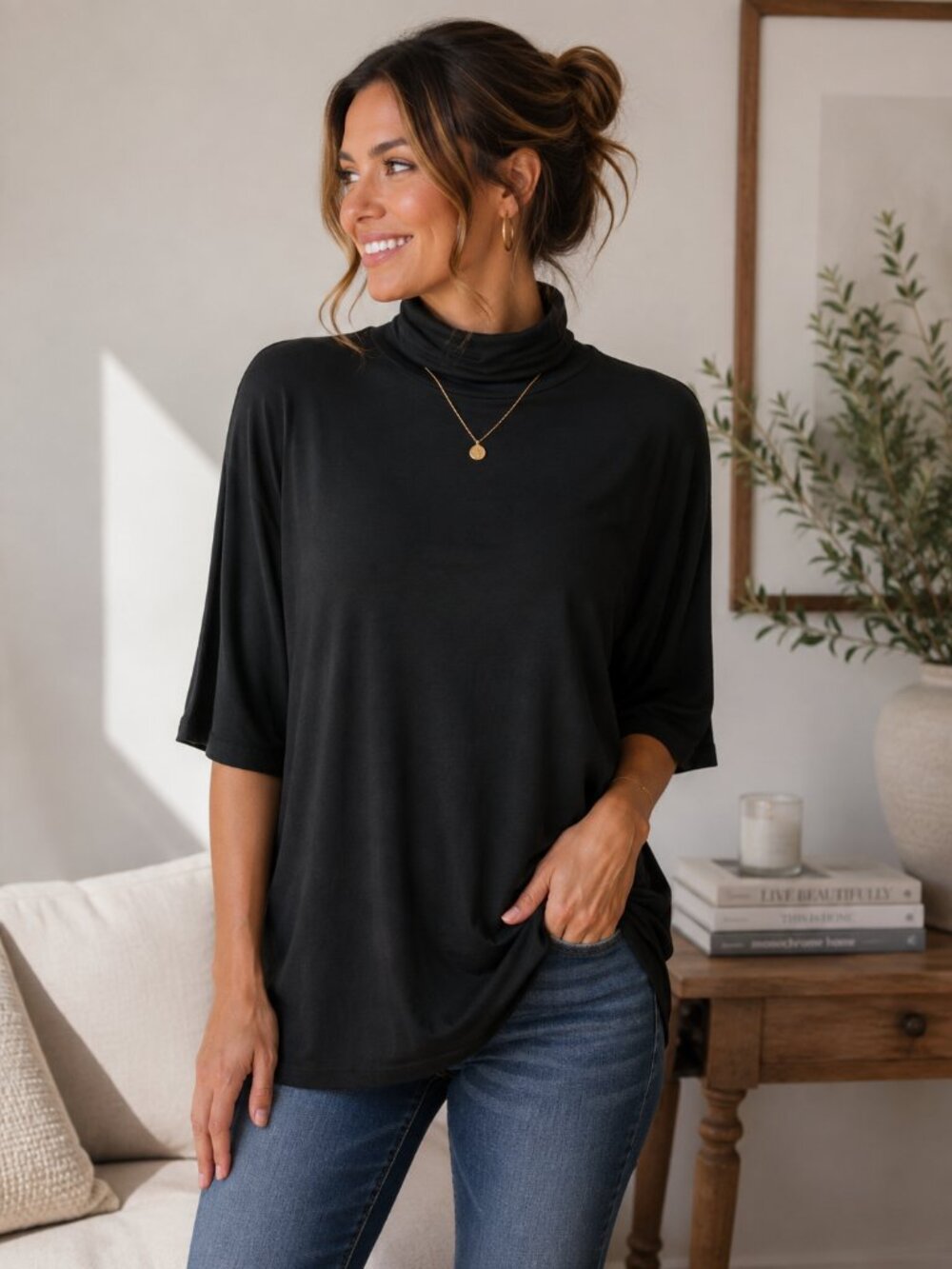 Lauren Ralph Lauren 1X Black Turtleneck Dolman Sleeve Tunic Top Quiet Luxury